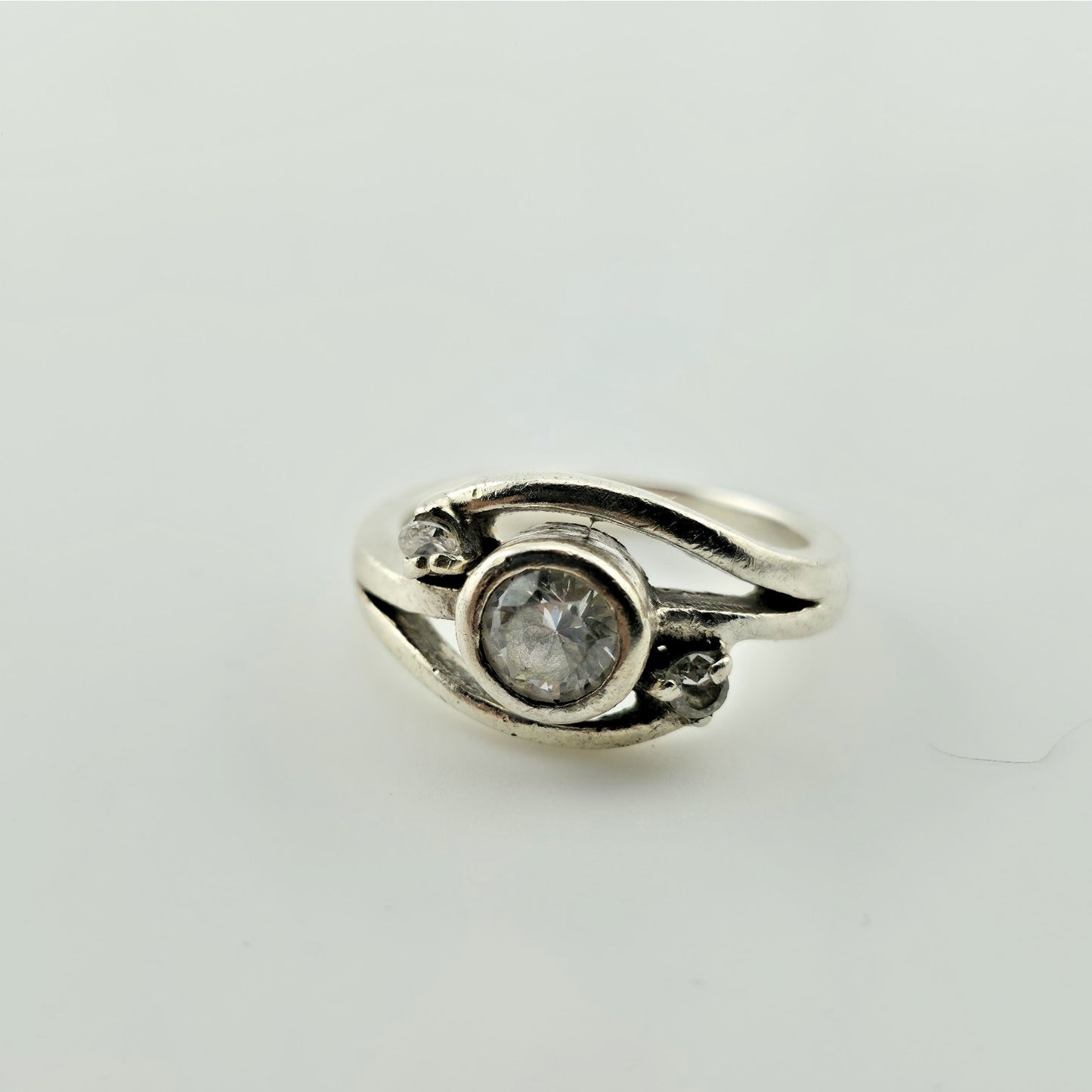 Sterling Silver CZ Ring Size 7 Swirl Design Clear Cubic Zirconia Statement Ring