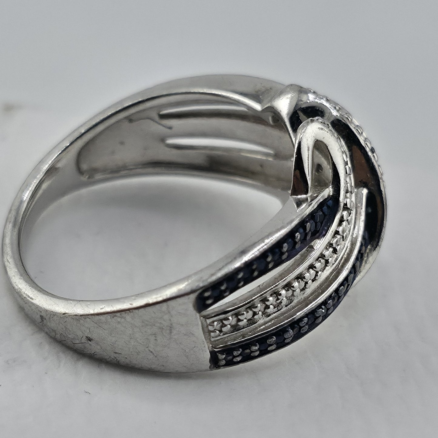 Sterling Silver Blue & Clear Stone Wave Ring Size 7 925 Statement Band