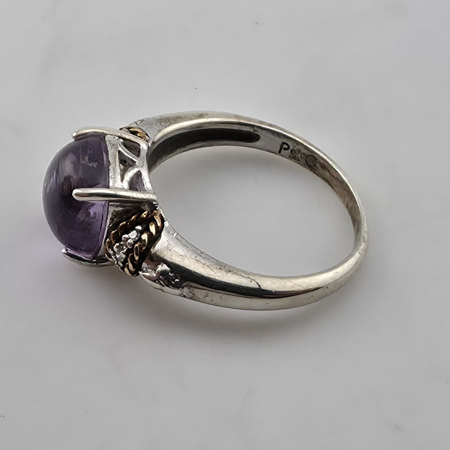Sterling Silver & 18K Amethyst Cabochon Ring Designer Signed P G Size 5.75