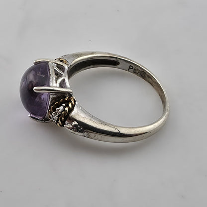 Sterling Silver & 18K Amethyst Cabochon Ring Designer Signed P G Size 5.75