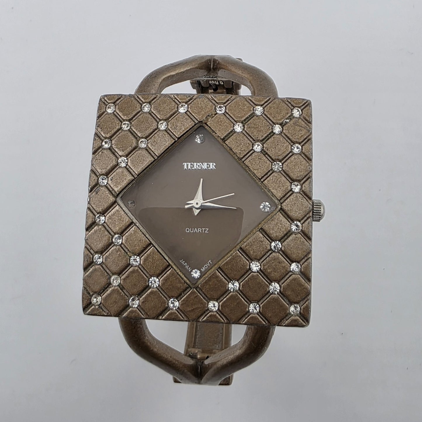 Vintage Terner Quartz Cuff Watch Bronze Rhinestone Statement Bracelet Working