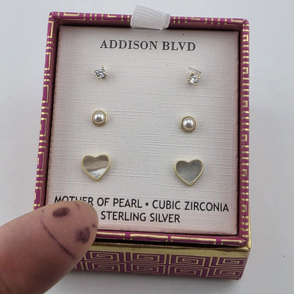 Addison Blvd Sterling Silver Stud Earrings Set CZ Pearl MOP Heart Gold Tone New