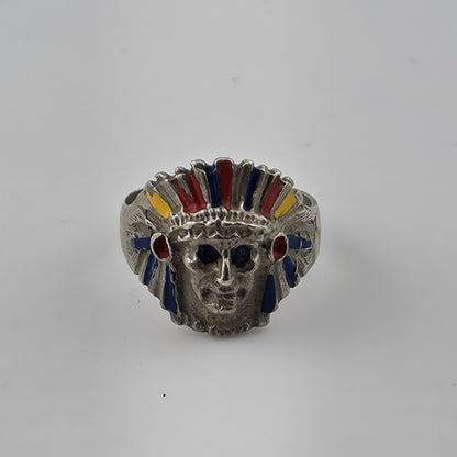Vintage 925 Sterling Silver Enamel Chief Head Ring Native Blue Stone Eyes 7.5