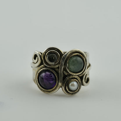 Sterling Silver Multi Stone Ring Sz 5.5 Amethyst Pearl Gem Artisan Missing Stone