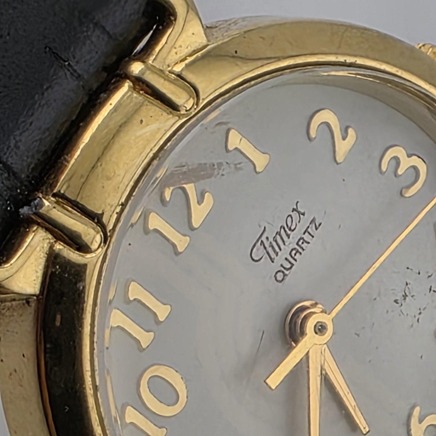 Vintage Timex Quartz Women's Gold Tone Dress Watch Black Strap Runs 6.75 Wrist
