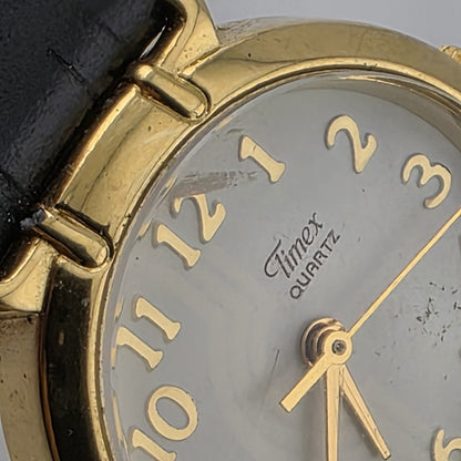 Vintage Timex Quartz Women's Gold Tone Dress Watch Black Strap Runs 6.75 Wrist