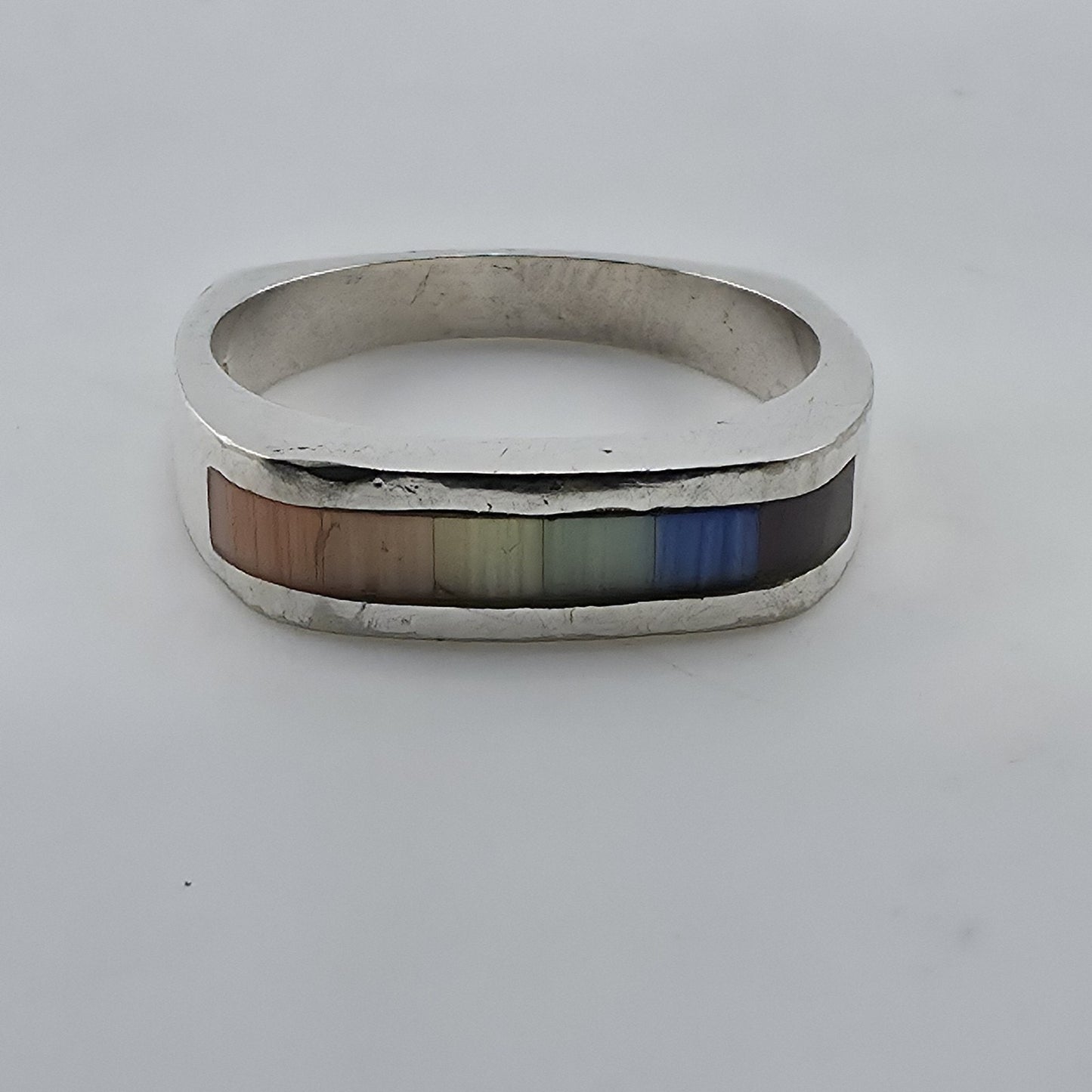 Vintage 925 sterling silver Mother Of Pearl rainbow inlay Ring Band Size 9.25