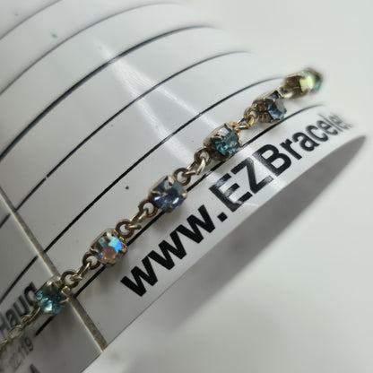 Blue Aurora Borealis Rhinestone Bracelet Silver Tone Delicate Chain 8.5in
