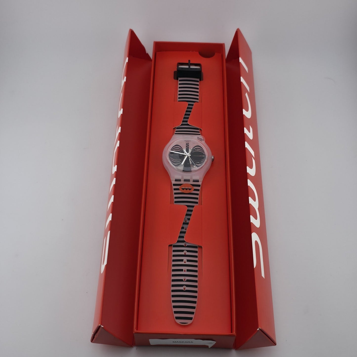 NEW Swatch MASKARA Skeleton Clear Dial Silicone Stripes Watch SUOW122