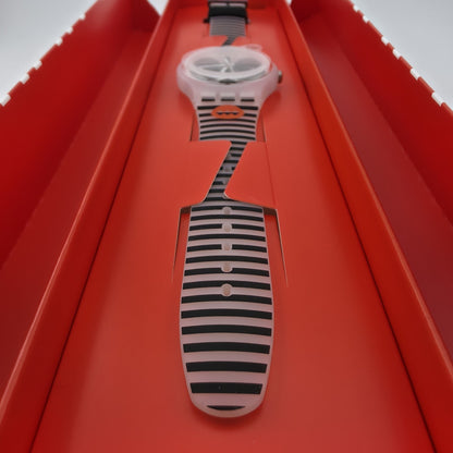 NEW Swatch MASKARA Skeleton Clear Dial Silicone Stripes Watch SUOW122
