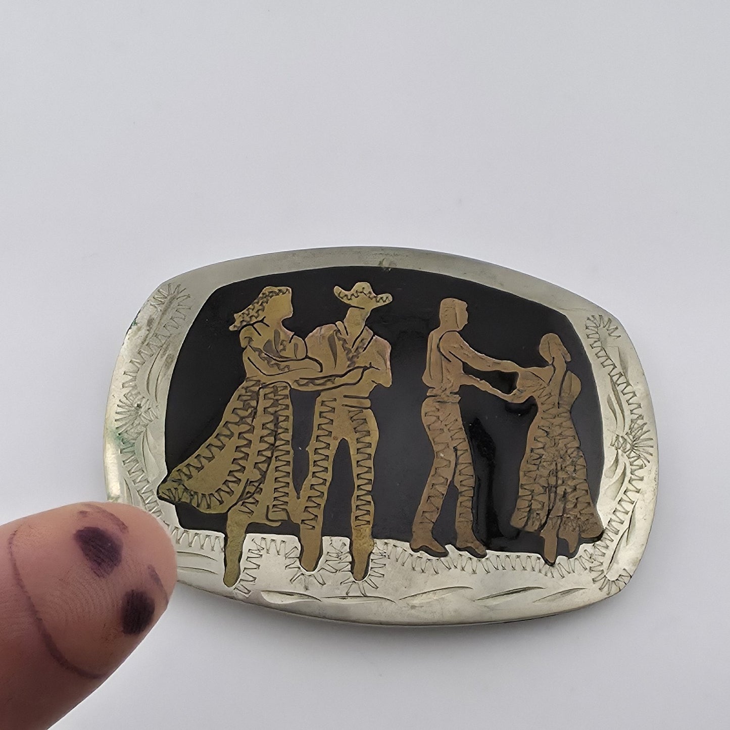 Square Dancers Belt Buckle German Silver Brass Copper Western Vintage
