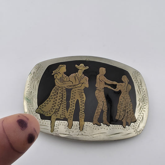 Square Dancers Belt Buckle German Silver Brass Copper Western Vintage