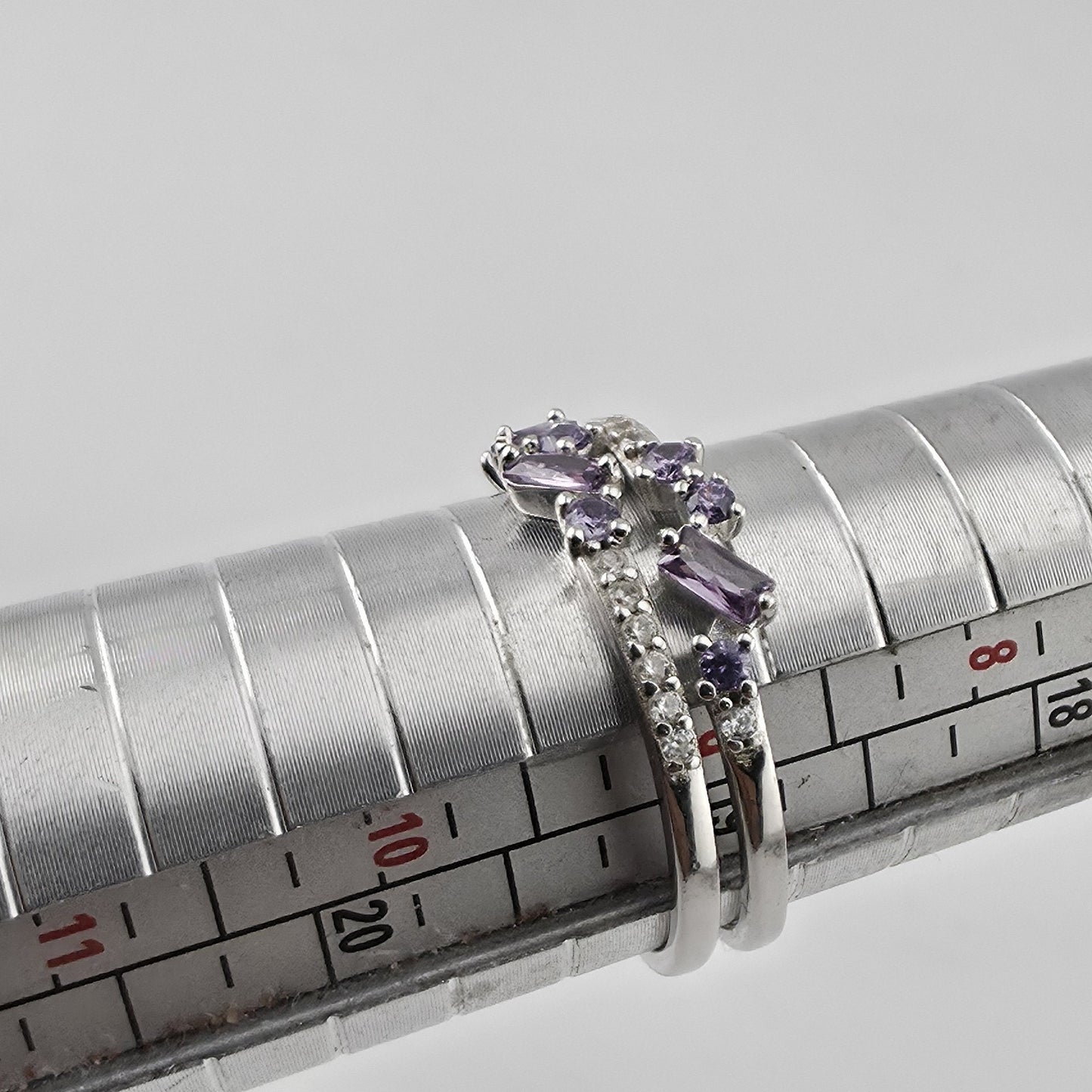 925 Sterling Silver Purple Amethyst Baguette Round Stone Ring Size 9 Split Band