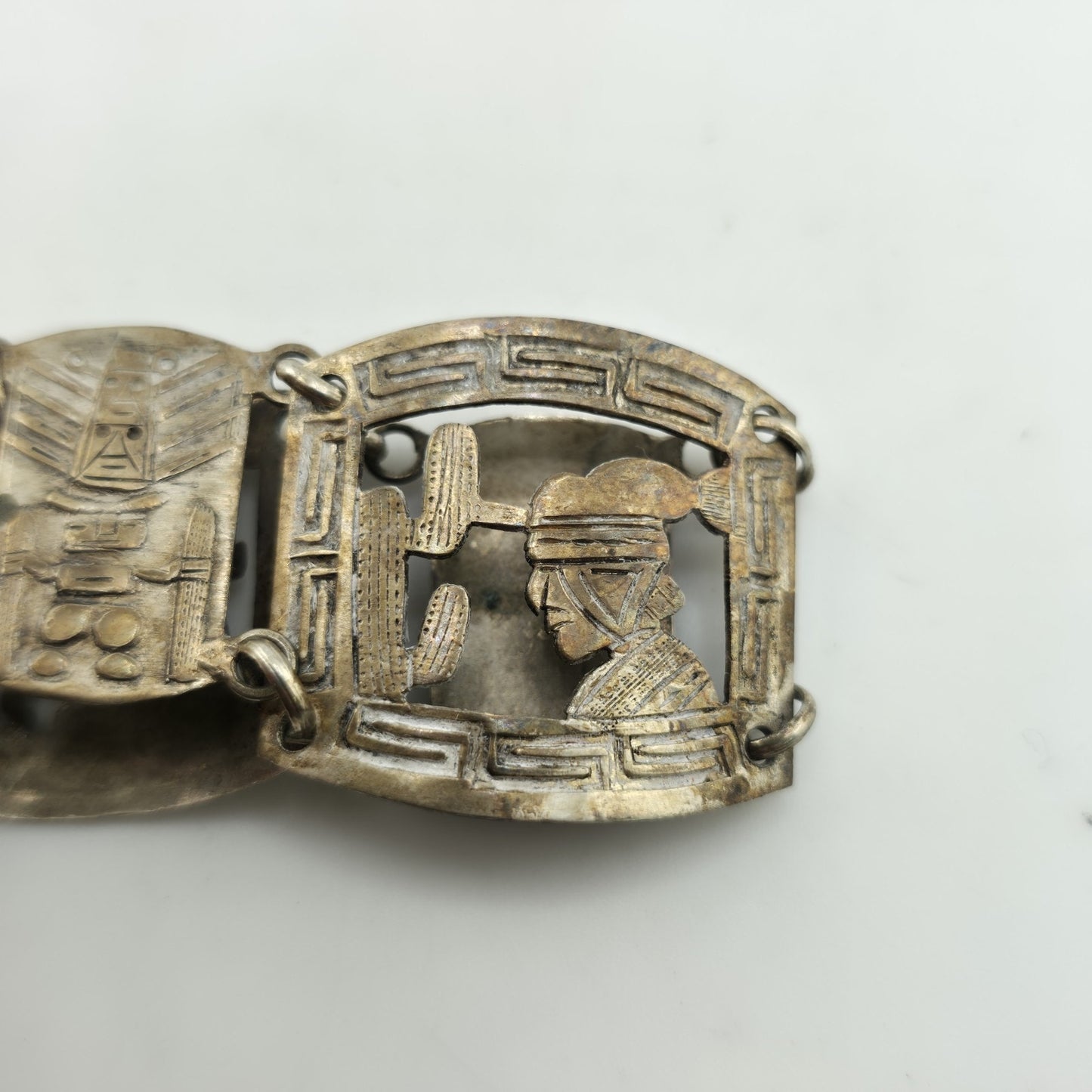 Vintage Sterling Peruvian Story Panel Link Bracelet Cultural Motif Design 15.5g