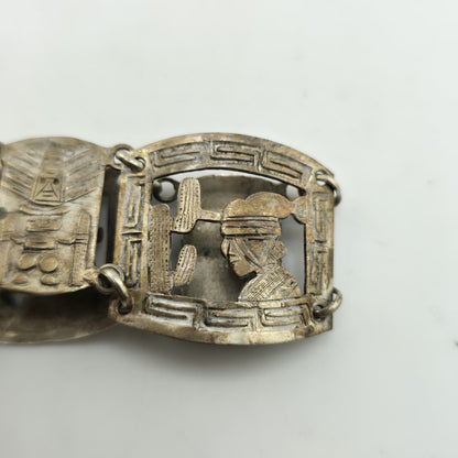 Vintage Sterling Peruvian Story Panel Link Bracelet Cultural Motif Design 15.5g
