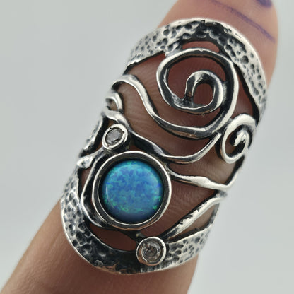 Israel 925 Sterling Silver Ring Size 8 Blue Opal Wide Band Abstract