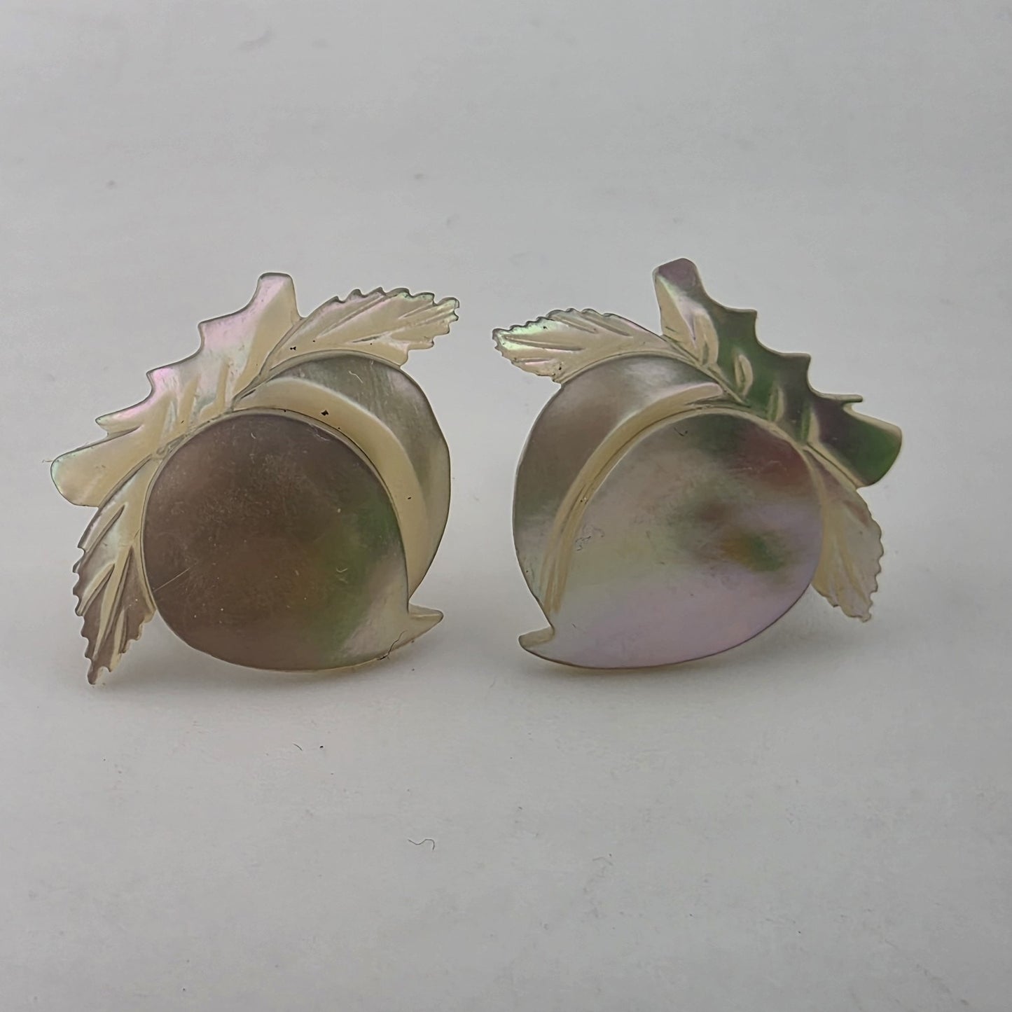 Vintage Sterling Silver Mother Of Pearl Screw Back Earrings Floral Leaf Shell