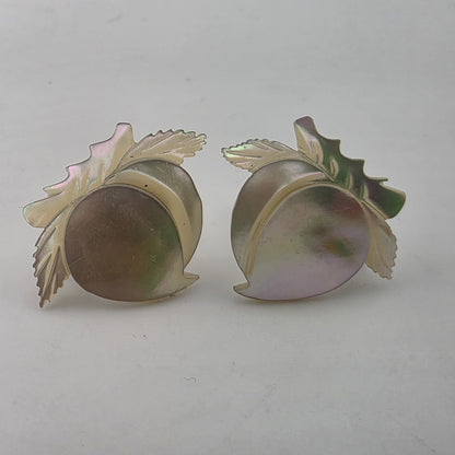 Vintage Sterling Silver Mother Of Pearl Screw Back Earrings Floral Leaf Shell