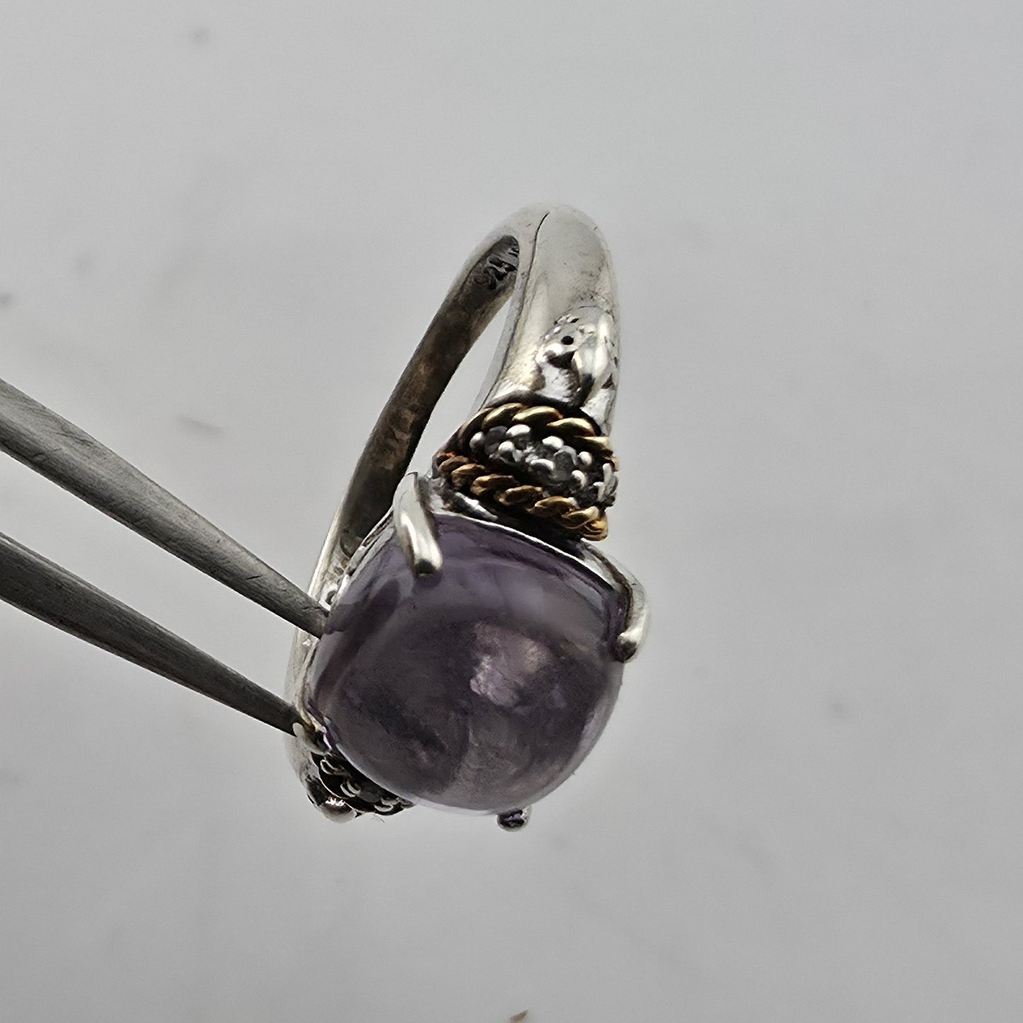 Sterling Silver & 18K Amethyst Cabochon Ring Designer Signed P G Size 5.75