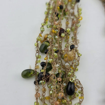 Multistrang Gemstone Handmade Crochet Necklace Olive, avocado Green tones 18"