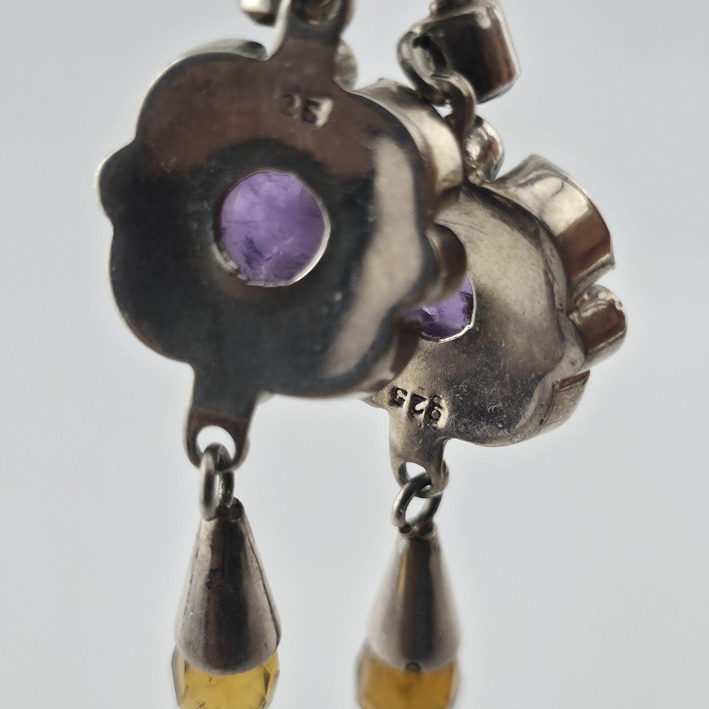 Vintage 925 Sterling Silver Amethyst Citrine Dangle Earrings Gemstone Drop Boho
