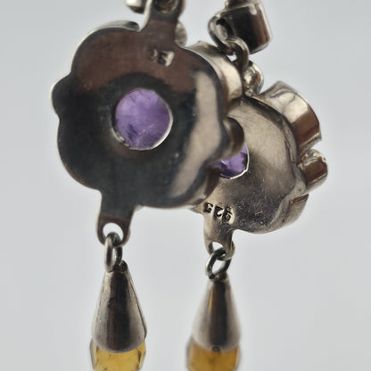 Vintage 925 Sterling Silver Amethyst Citrine Dangle Earrings Gemstone Drop Boho