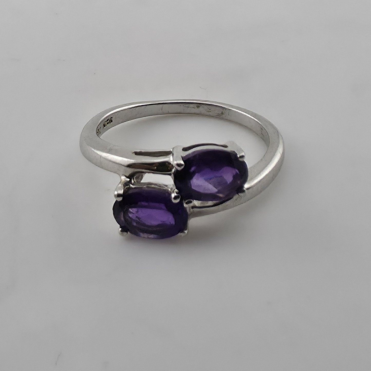 Sterling Silver 925 Amethyst Ring Two Stone Bypass Purple Size 7.75 Jewelry