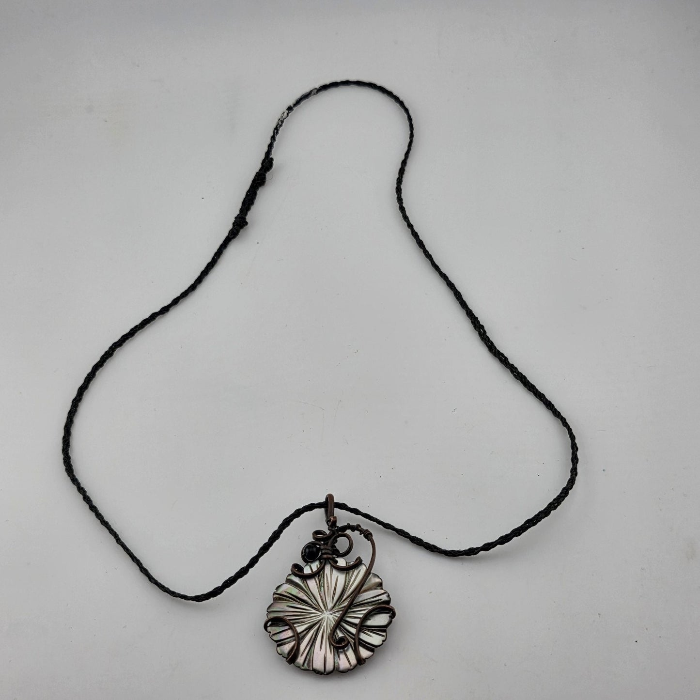 Abalone Shell Pendant Copper Wire Wrapped Artisan Boho Necklace 1.4"