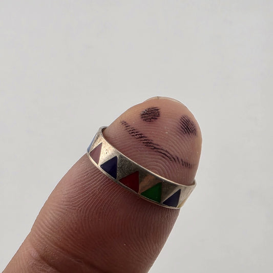 Vintage Sterling Silver Ring Size 7 Colorful Enamel Geometric Pattern Band