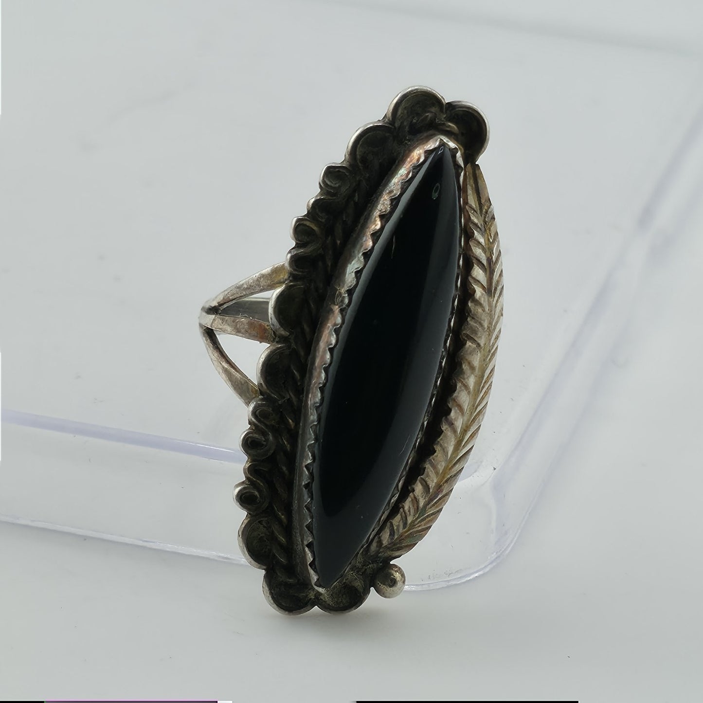 Vintage Sterling Silver Black Onyx Navajo Ring MW Size 7.5 Marquise Statement