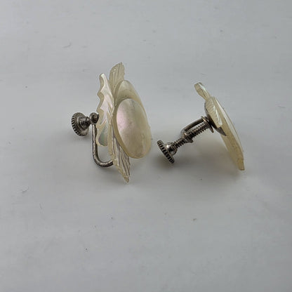 Vintage Sterling Silver Mother Of Pearl Screw Back Earrings Floral Leaf Shell