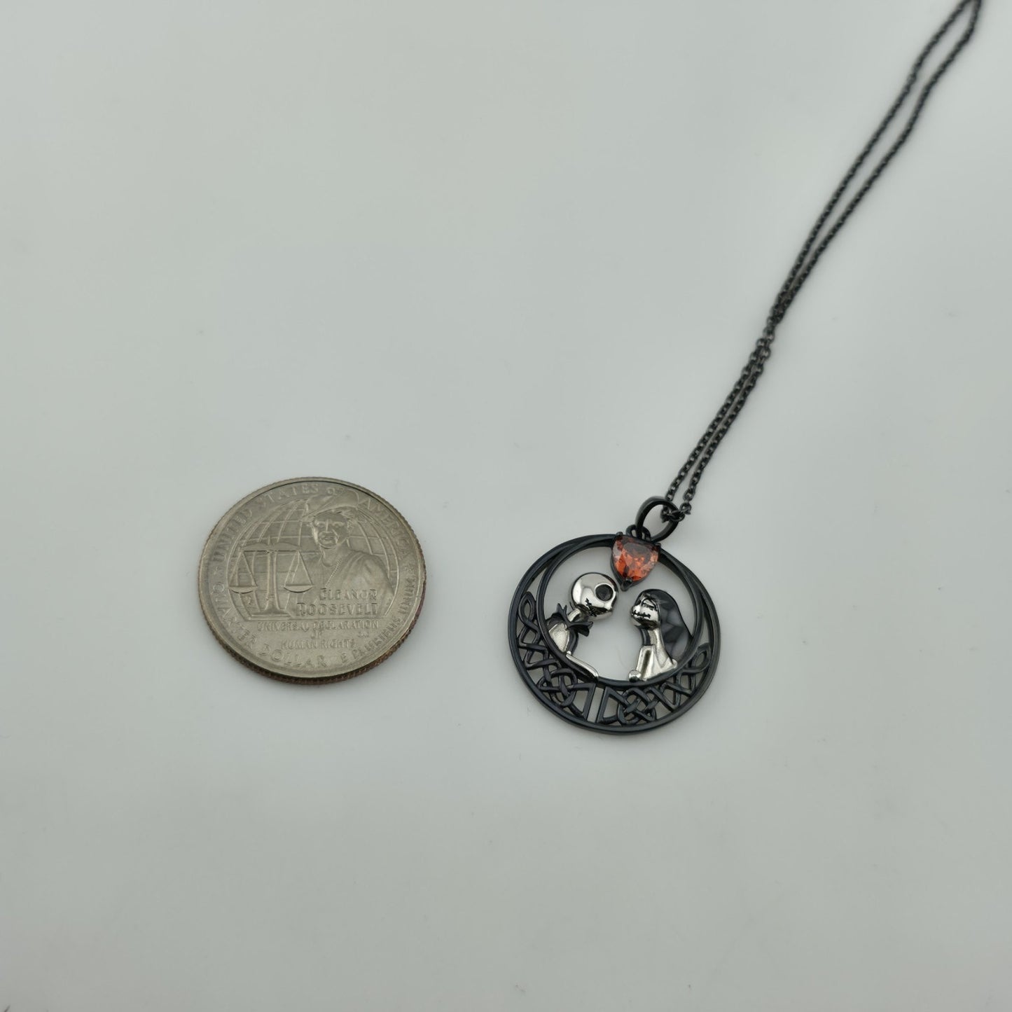 Nightmare Before Christmas Jack & Sally Heart Pendant Necklace 925 16” Gothic