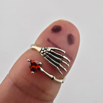 Gothic Skeleton Hand Ring Red Heart CZ 925 Sterling Silver Love Witch Adjustable