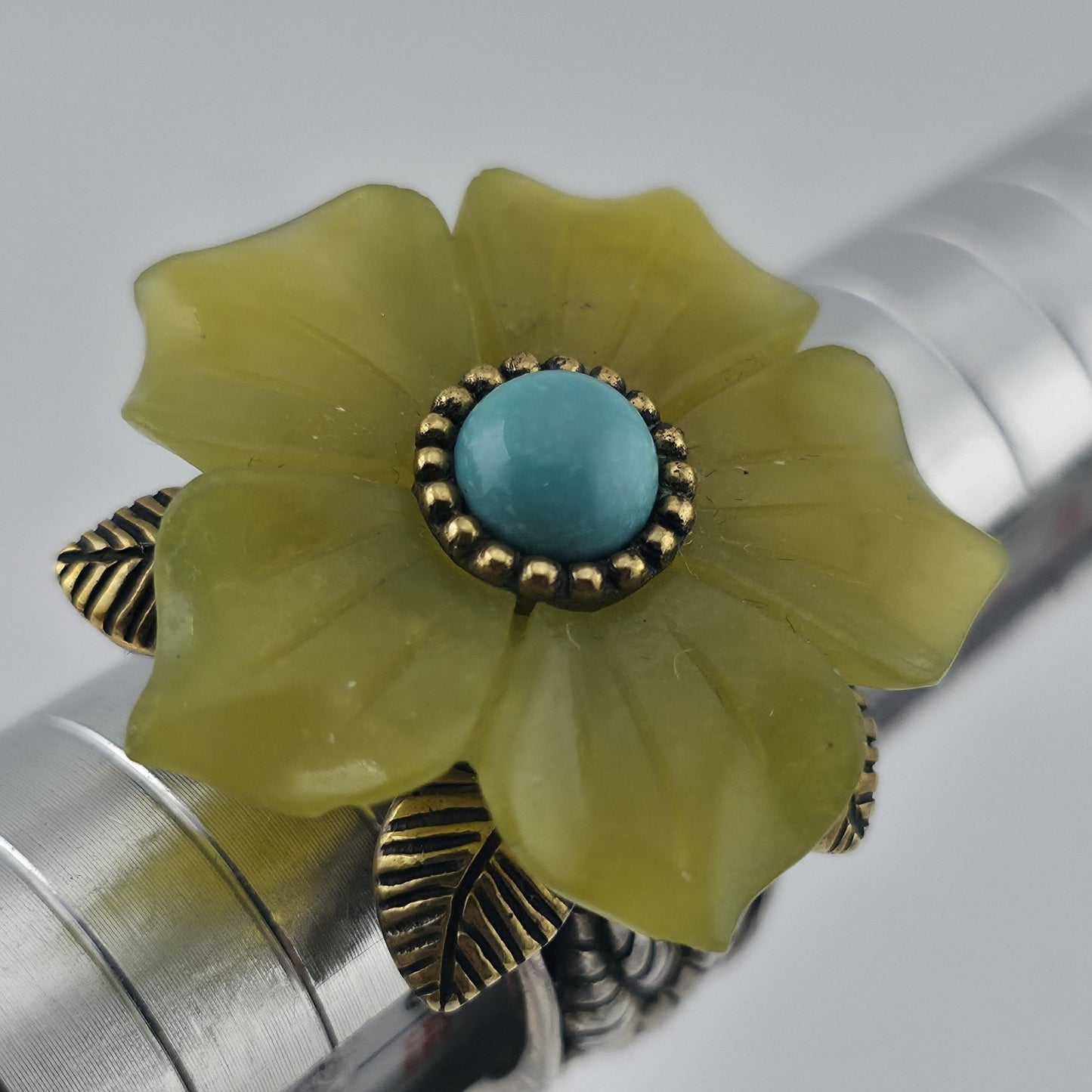 Sterling Silver Bronze Flower Ring Size 7 Yellow Floral Turquoise Cabochon 925
