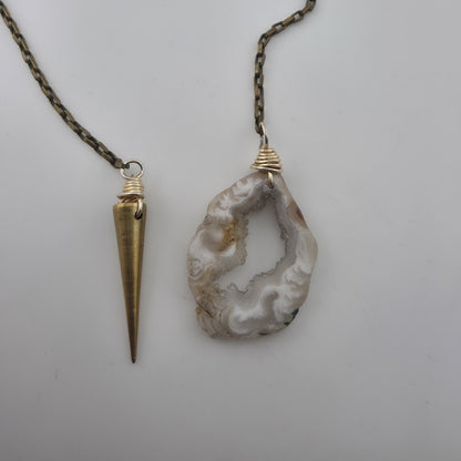 Vintage Druzy Agate Geode Pendant Necklace Brass Spike Layered Boho Jewelry