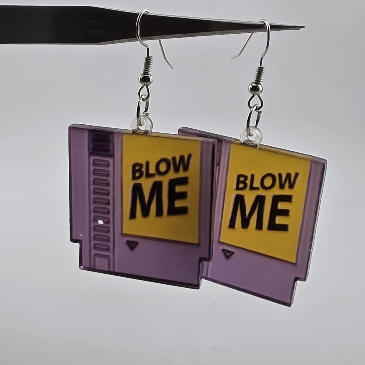 Vintage Style Purple NES Game Cartridge “Blow Me” Dangle Earrings