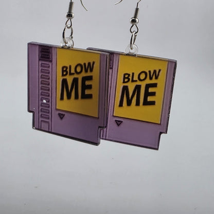 Vintage Style Purple NES Game Cartridge “Blow Me” Dangle Earrings