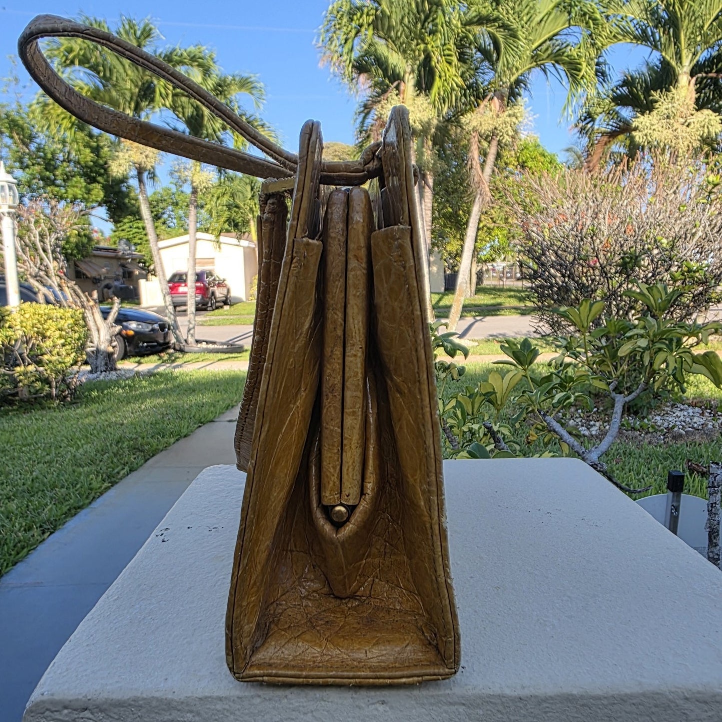 Vintage Saks Fifth Avenue Yellow Exotic Leather Handbag 1950s France Mid Century