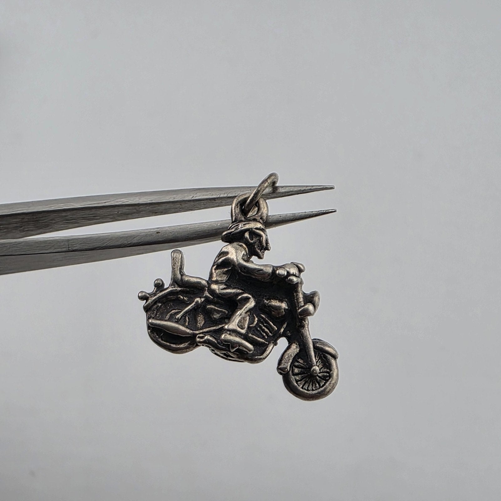 Vintage motorcycle charm pendant in sterling silver biker rider jewelry piece from 305gems.com