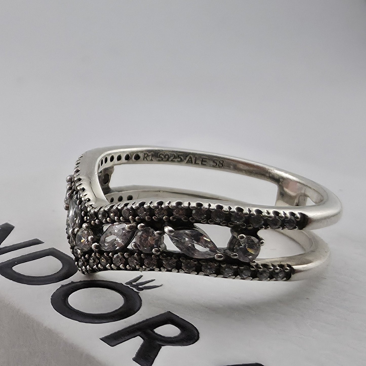 Pandora Sparkling Marquise Double Wishbone Ring Sterling Silver Size 8.5 Retired