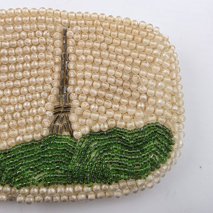 Vintage Faux Pearl Beaded Coin Purse Paris eiffel tower 1950s Bag Clutch 4x3