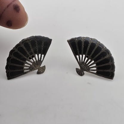 Vintage Siam Sterling Silver Niello Fan Screw Back Earrings Made In Siam Thai