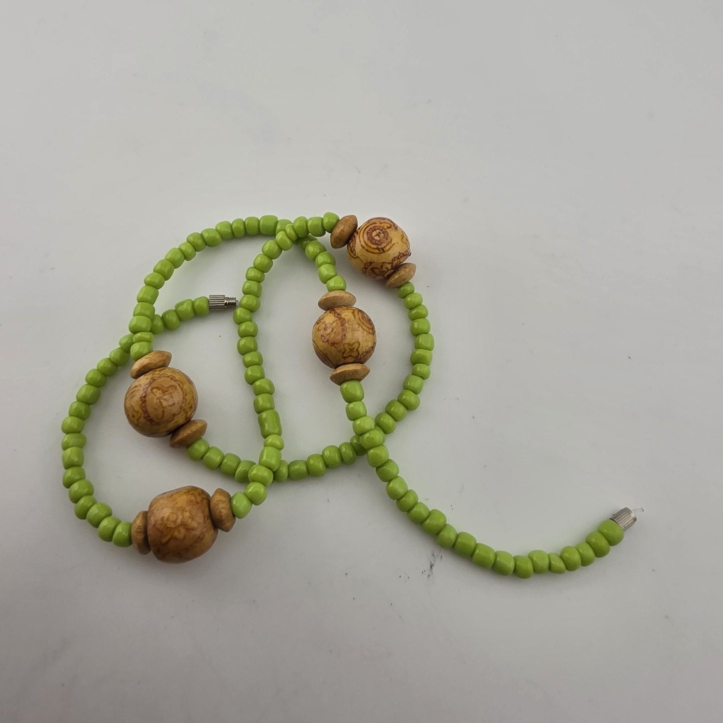 Lime Green Beaded Necklace w/ Wood Accent Beads Y2K Boho Cute Summer