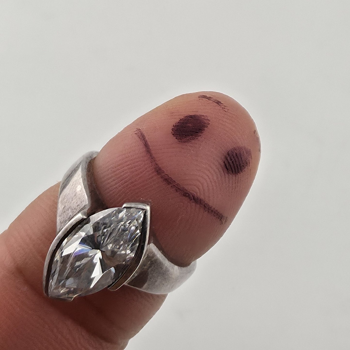 Vintage Sterling Silver 925 Large Clear Stone Ring Marquise Statement Size 5.75