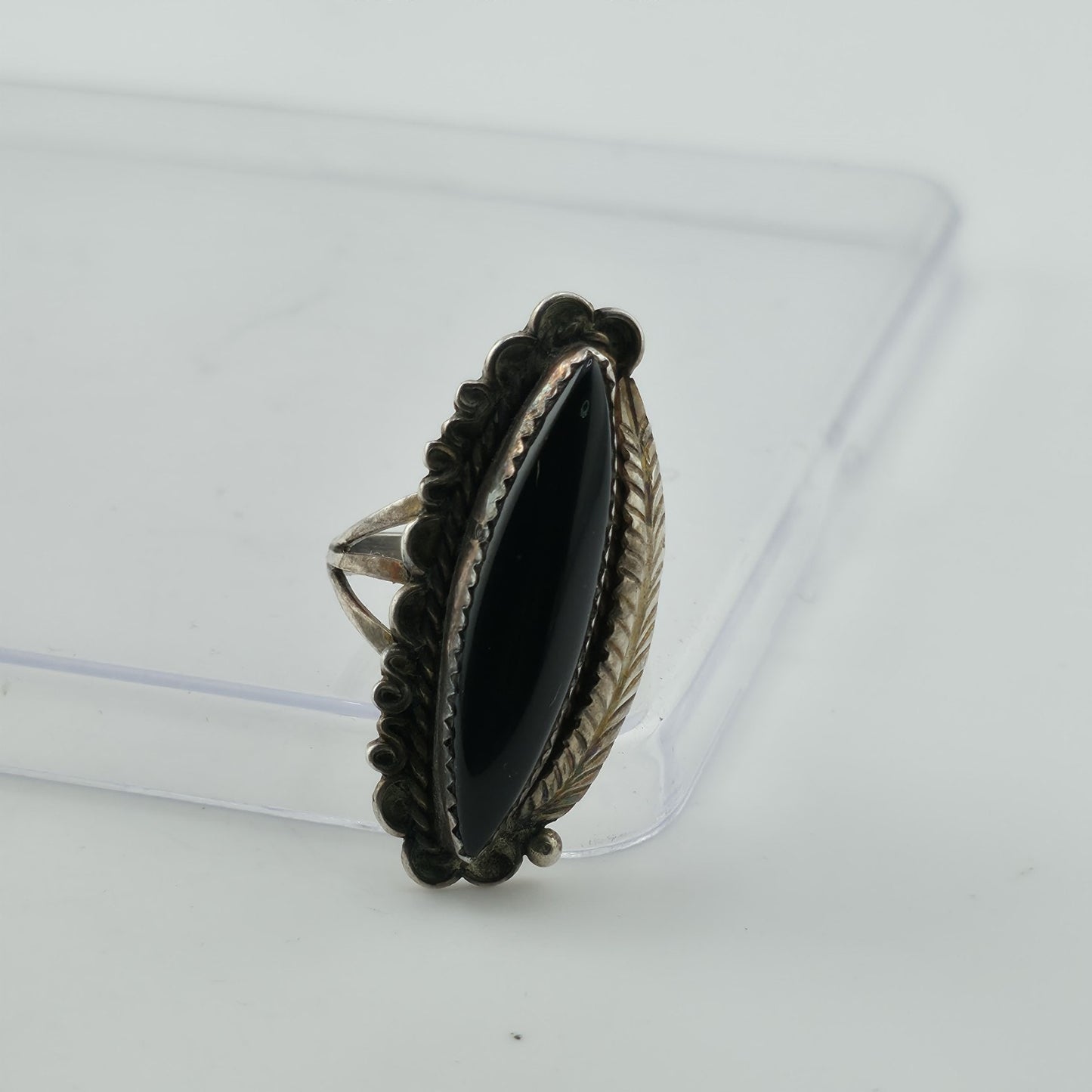 Vintage Sterling Silver Black Onyx Navajo Ring MW Size 7.5 Marquise Statement