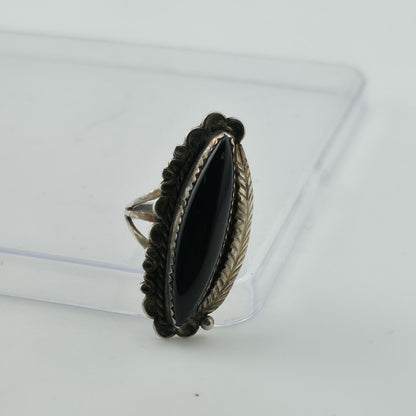 Vintage Sterling Silver Black Onyx Navajo Ring MW Size 7.5 Marquise Statement