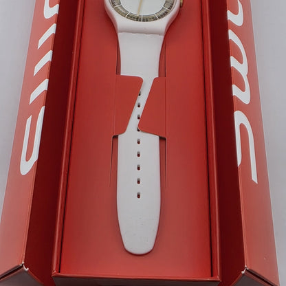 New Limited Swiss Swatch SILIWHITE SUOW158 White Gold 41mm Silicone Watch NIB