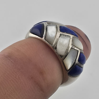 Vintage Sterling Silver Blue White Inlay Ring Size 6 Thailand 925 Mosaic Dome