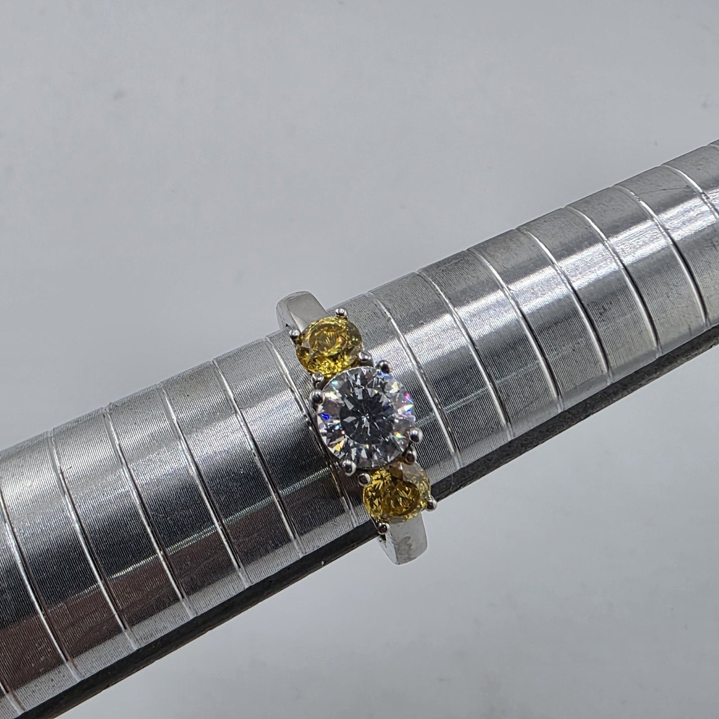 925 Sterling Silver CZ Three Stone Ring Size 8.75 Clear Yellow Stones