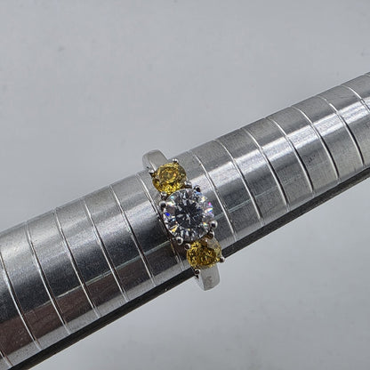 925 Sterling Silver CZ Three Stone Ring Size 8.75 Clear Yellow Stones